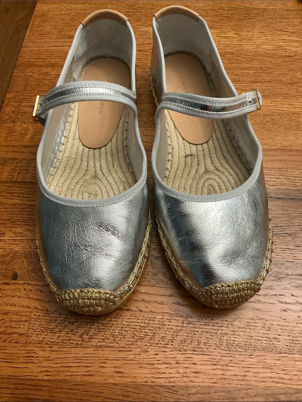 Tory Burch Silver Metallic Espadrille Flats with Tan Insole